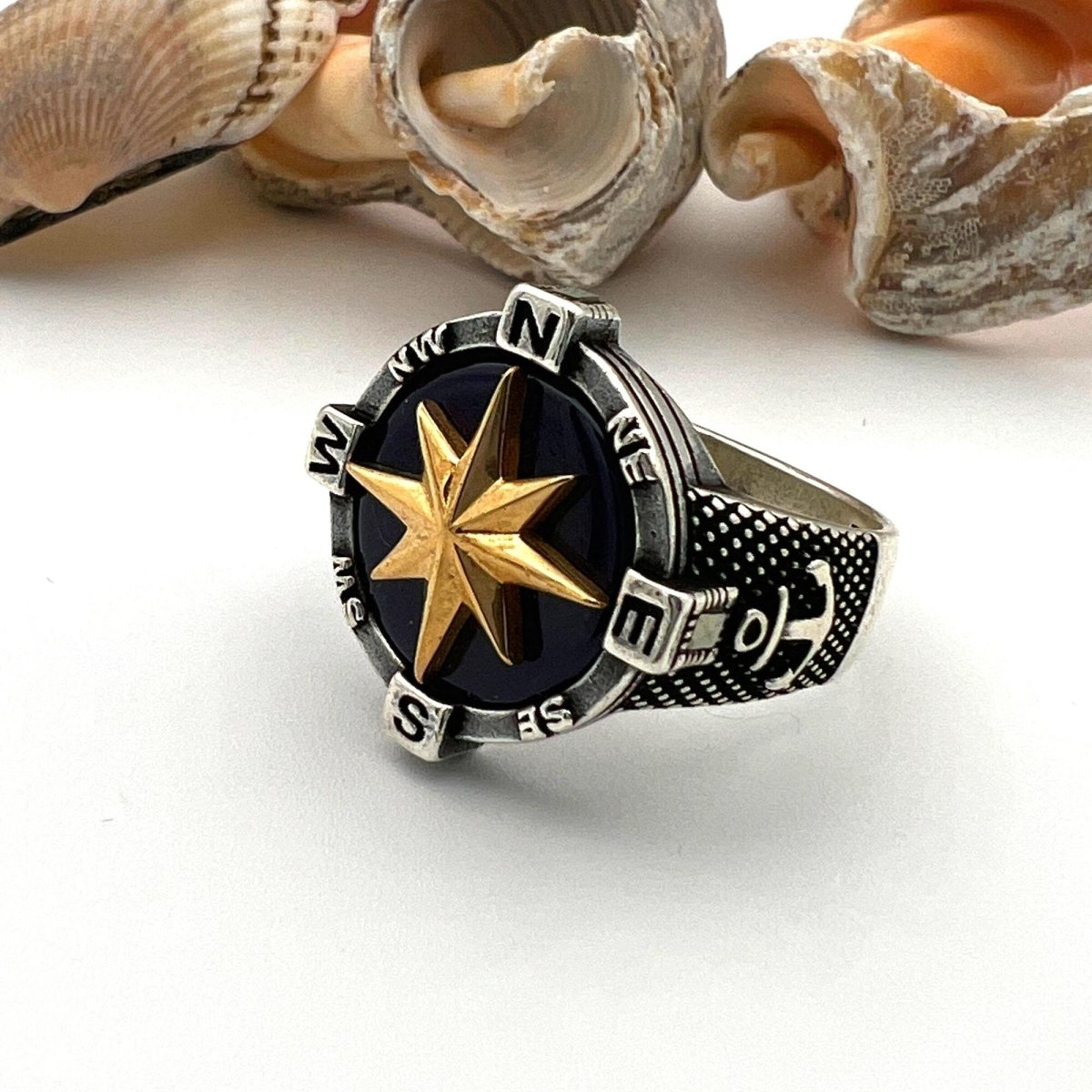 Men's Silver Agate Stone Compass Ring - TryAladdin