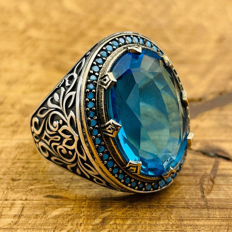 Men's Silver Ring with Blue Aquamarine Stone - TryAladdin