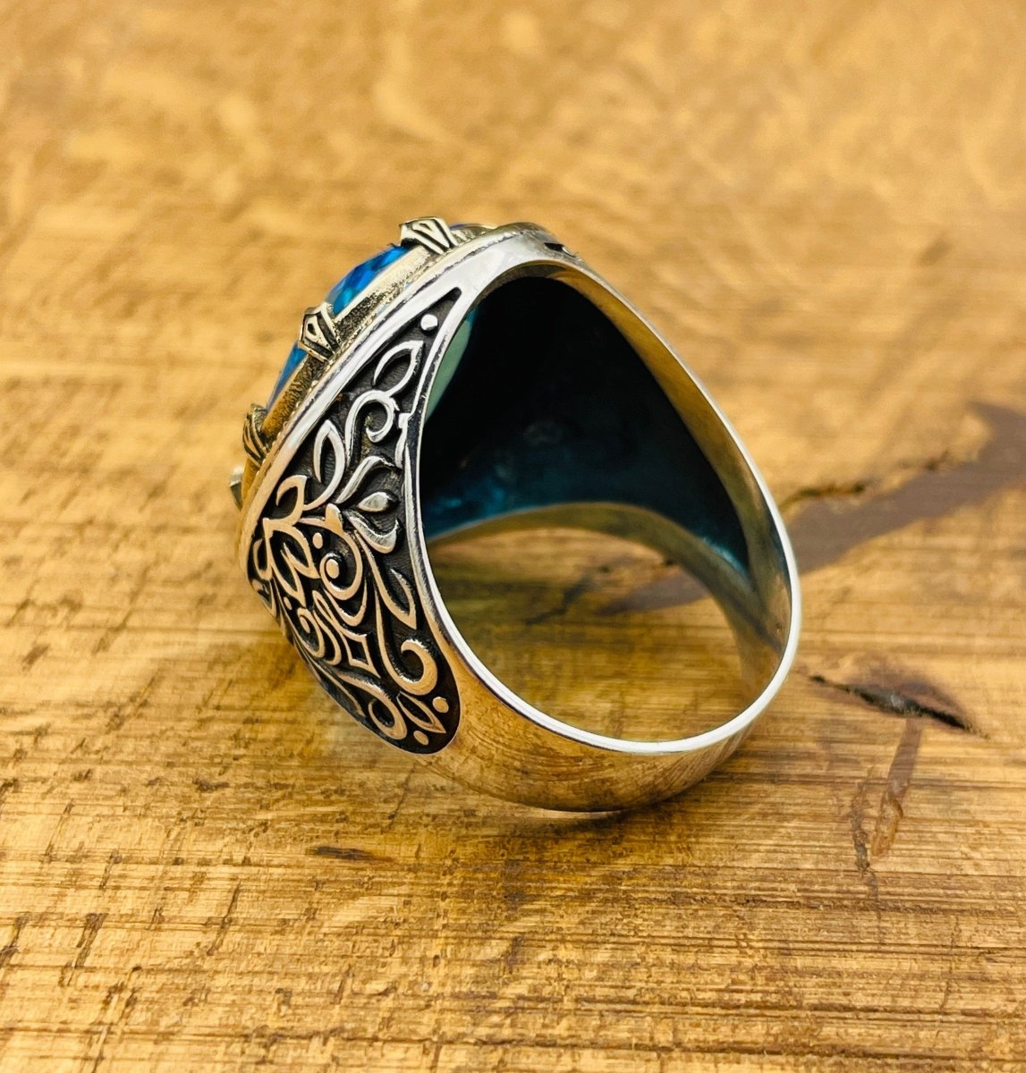 Men's Silver Ring with Blue Aquamarine Stone - TryAladdin