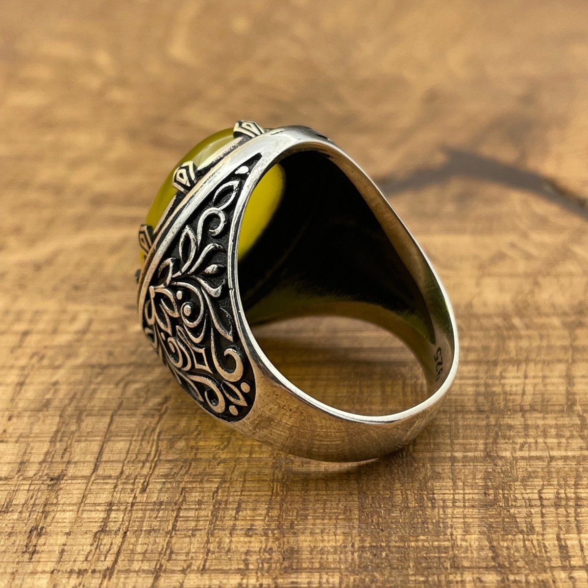 Men's Yellow Agate Stone Silver Ring - TryAladdin