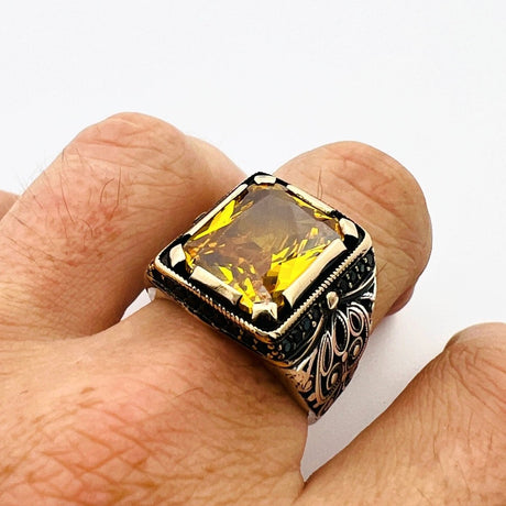 Men's Yellow Citrine Silver Ring - TryAladdin