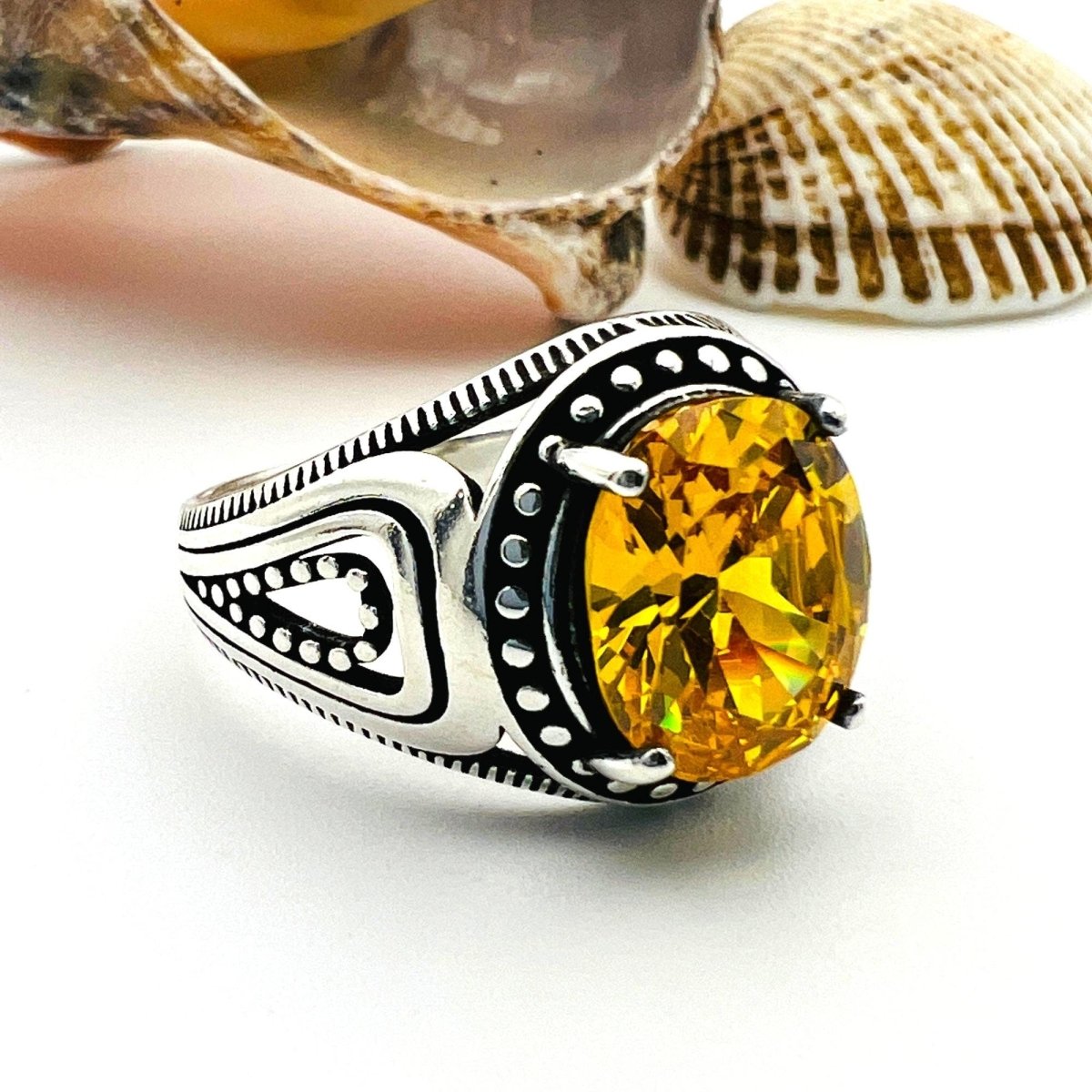 Men's Yellow Citrine Stone Silver Ring - TryAladdin