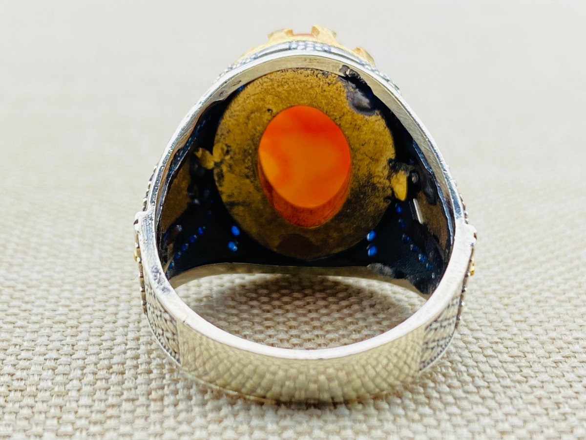 Men's Yemeni Aqeeq Stone Orange Silver Ring - TryAladdin