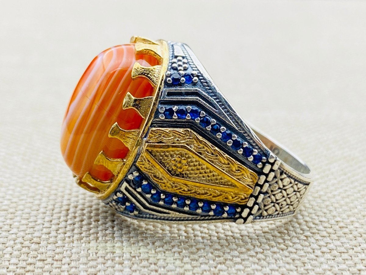 Men's Yemeni Aqeeq Stone Orange Silver Ring - TryAladdin