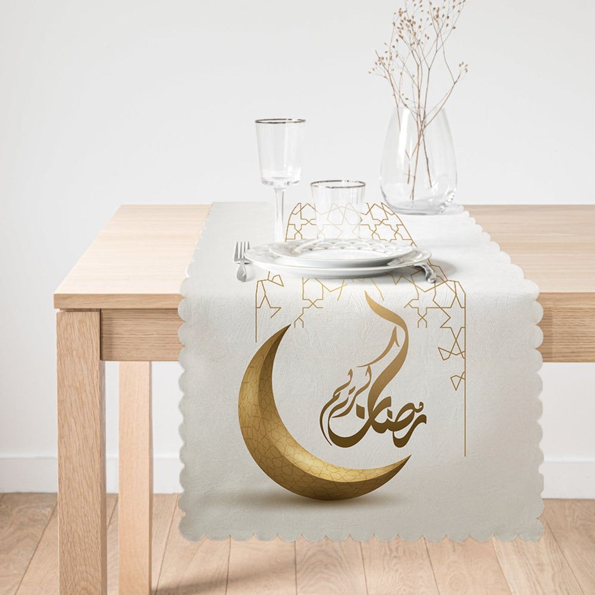 Modern Runner and Cushion Pillow Cover Set with Crescent Design and Ramadan Motif - TryAladdin