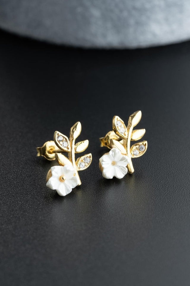 Nereze | Gold Plated Tiny Magnolia Flower Olive Branch Earrings - TryAladdin