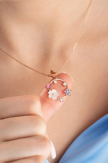 Nereze | Magnolia Blossom Circle Spring Flower Necklace with Butterfly Detail - TryAladdin