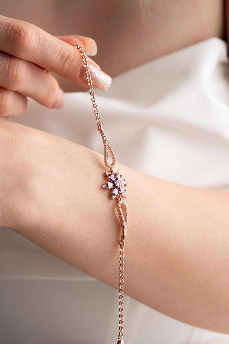 Nereze | Rose Purple Zircon Stone Flower Cuff Model Bracelet - TryAladdin