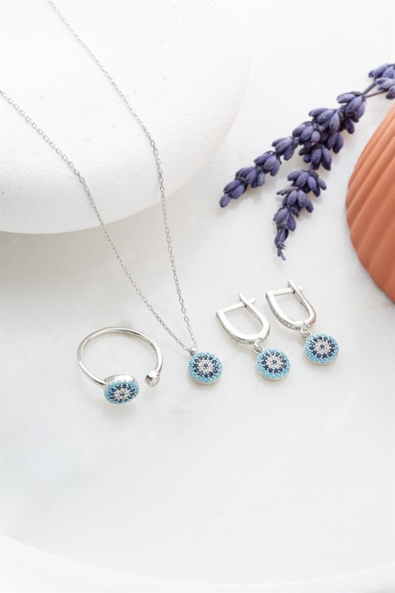 Nereze | Tiny Nazar Evil Eye Model Earrings, Ring and Necklace Set - TryAladdin