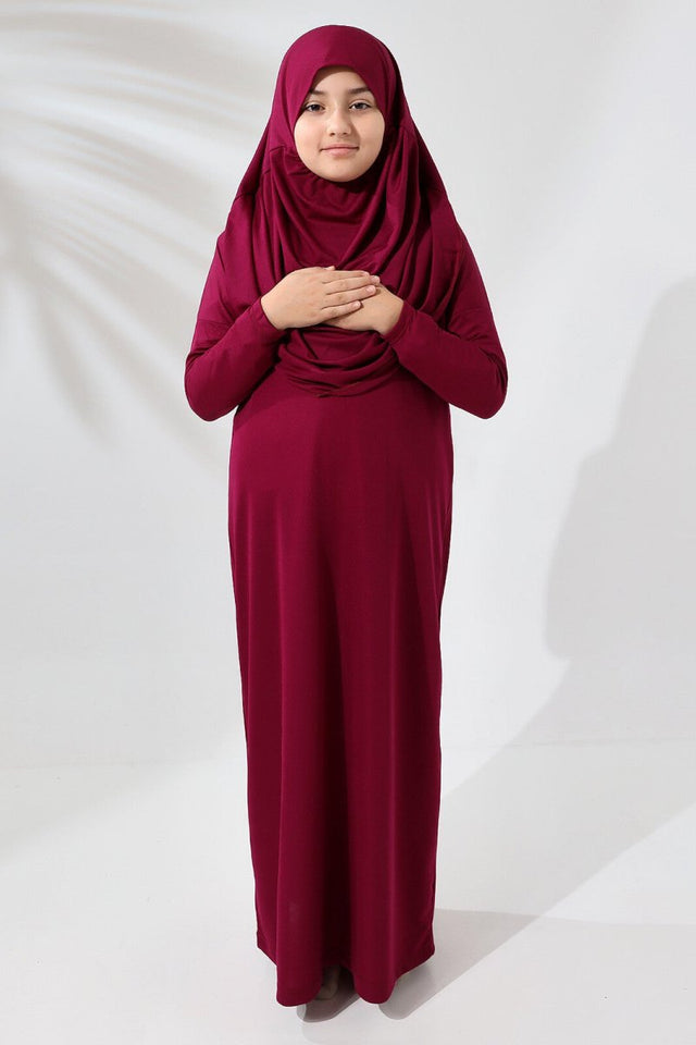 One Piece Practical Children's Prayer Dress with Headscarf Fuchsia - TryAladdin