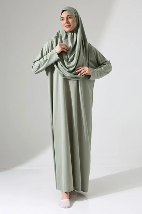 One Piece Prayer Dress with Headscarf - Mint Green - TryAladdin