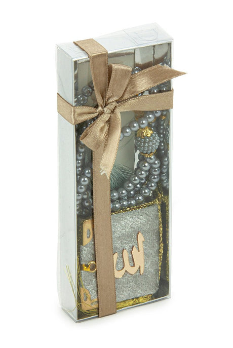 Pearl Prayer Beads and Mini Velvet Quran Gift Set - Gray - TryAladdin