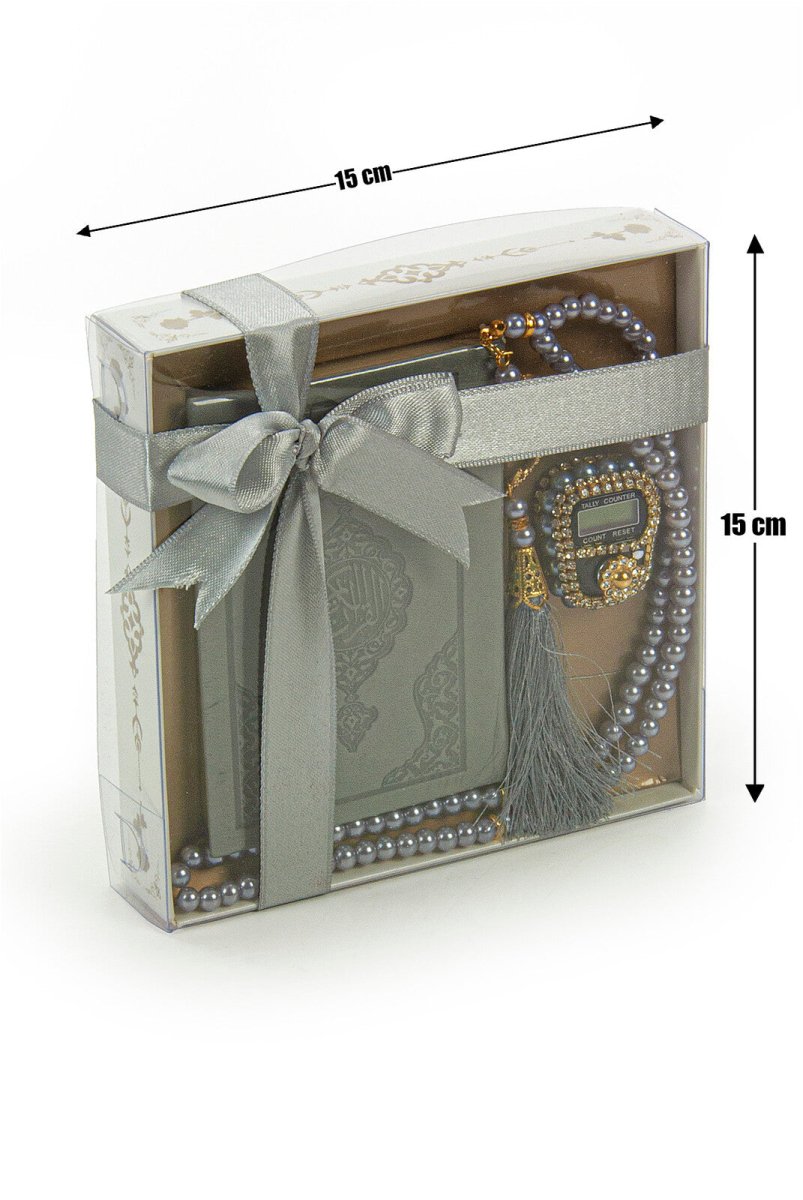 Pearl Tasbih and Grey Quran in Medina Fonts Gift Set Religious Gift - TryAladdin