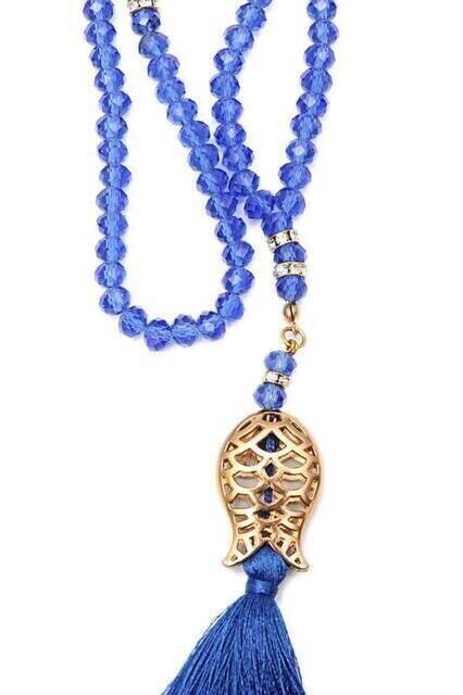 Pearl Tasbih with Tulip Patterned Tassel, 99 Beads - Blue - TryAladdin