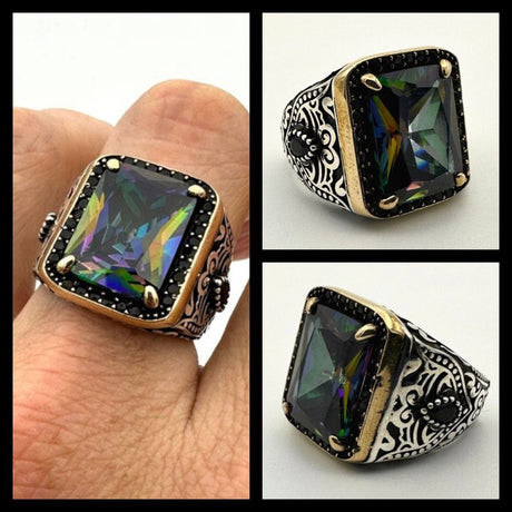 Rainbow Mystic Topaz Square Stone Men's Ring - TryAladdin