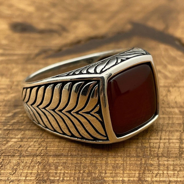 Sterling Silver 925 Handmade Red Agate Men's Ring - TryAladdin