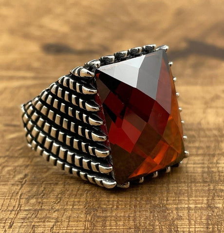 Sterling Silver 925 Handmade Red Zircon Men's Ring - TryAladdin