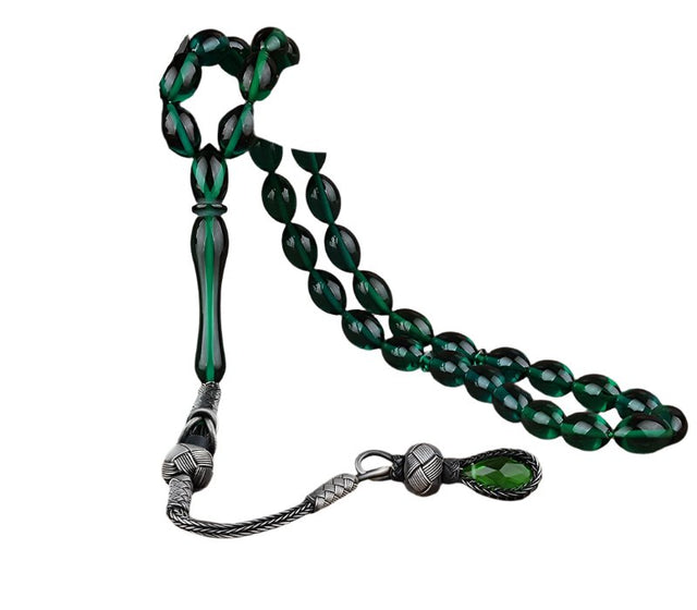 Tesbihevim | Amber Tasbih in Green with Silver Kazaz Tassel - TryAladdin