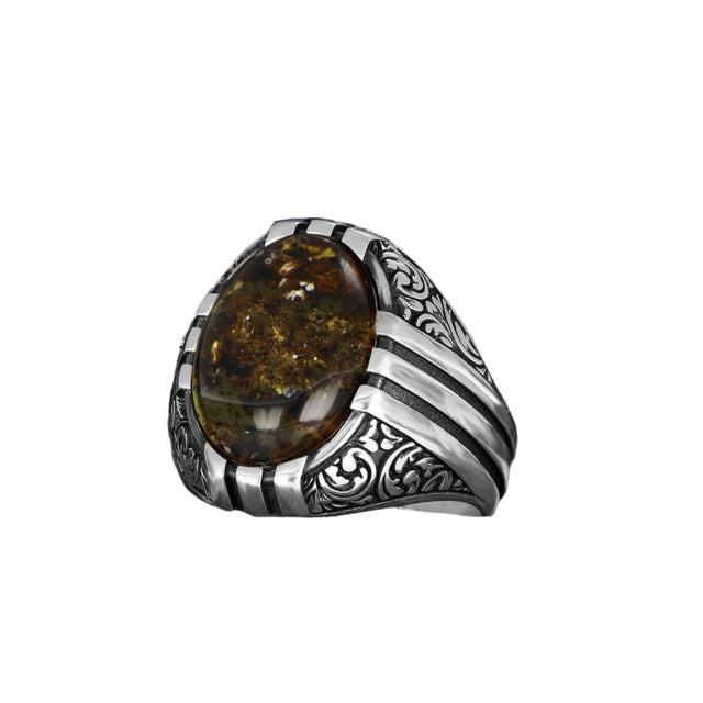 Tesbihevim | Men's Silver Ring with Fossil Drop Amber Stone - TryAladdin