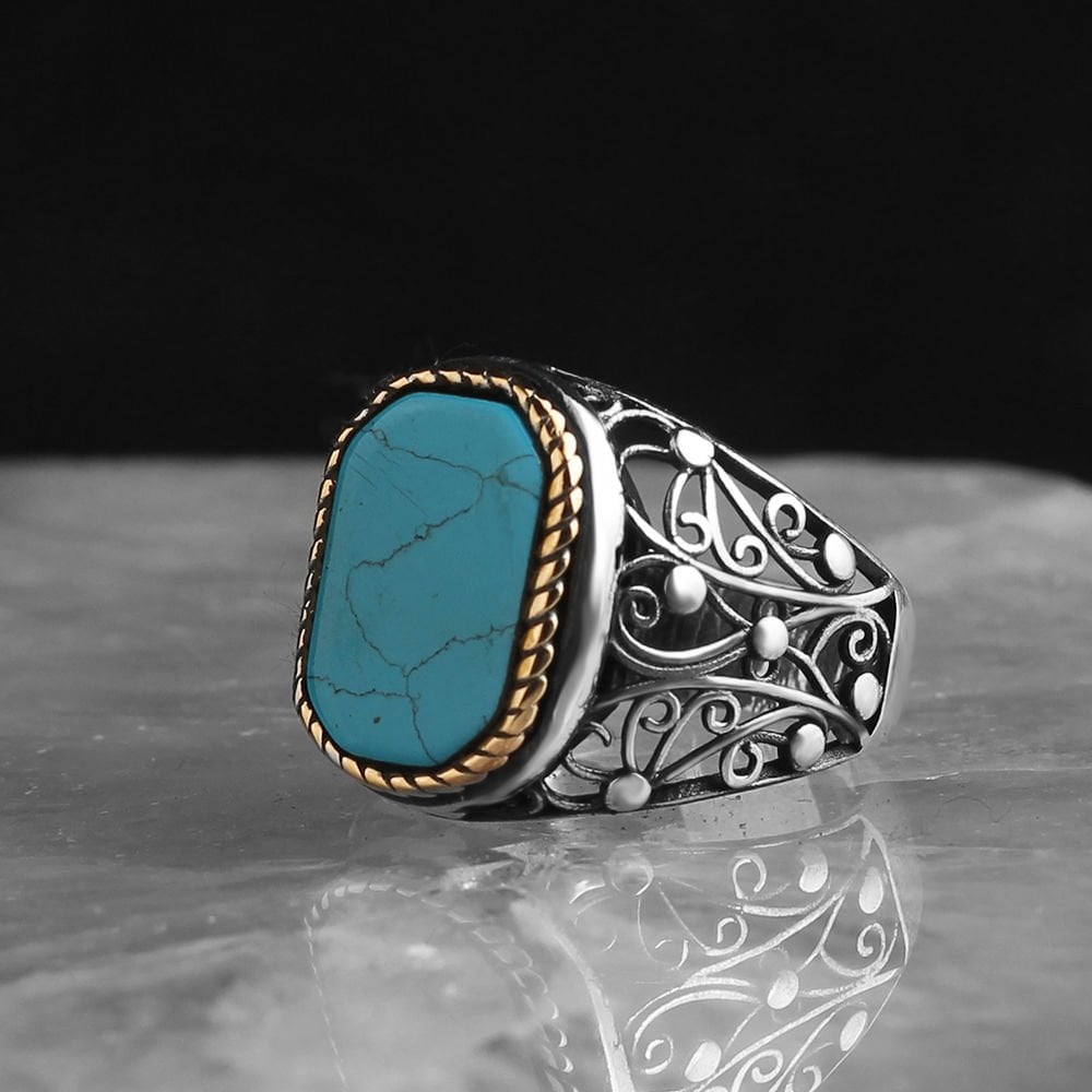 Tesbihevim | Men's Silver Ring with Turquoise Stone - TryAladdin