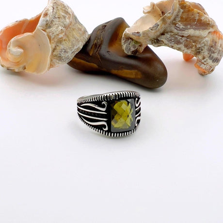 Yellow Amber Stone Men's Silver Ring - TryAladdin