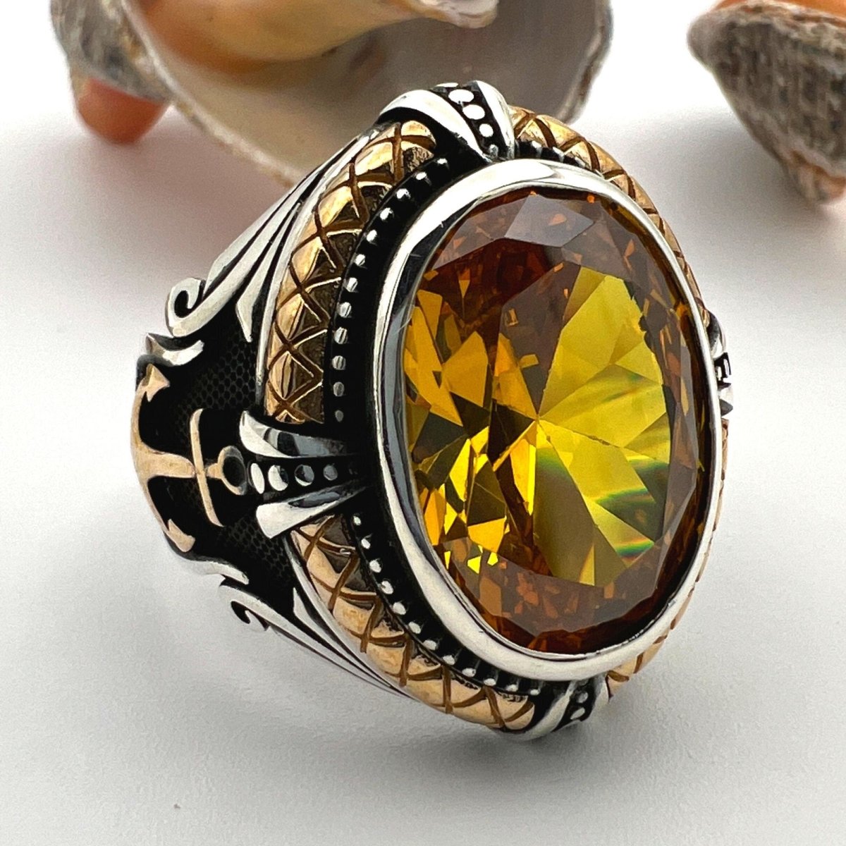 Yellow Citrine Stone Double Headed Eagle Ring - TryAladdin