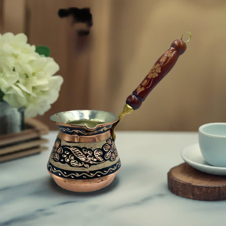 Lavina | Copper Turkish Coffee Pot Black Flower Design with Wooden Handle No. 1 - TryAladdin