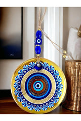 Golden Glass Blue Motif Nazar Beaded Wall Ornament - TryAladdin