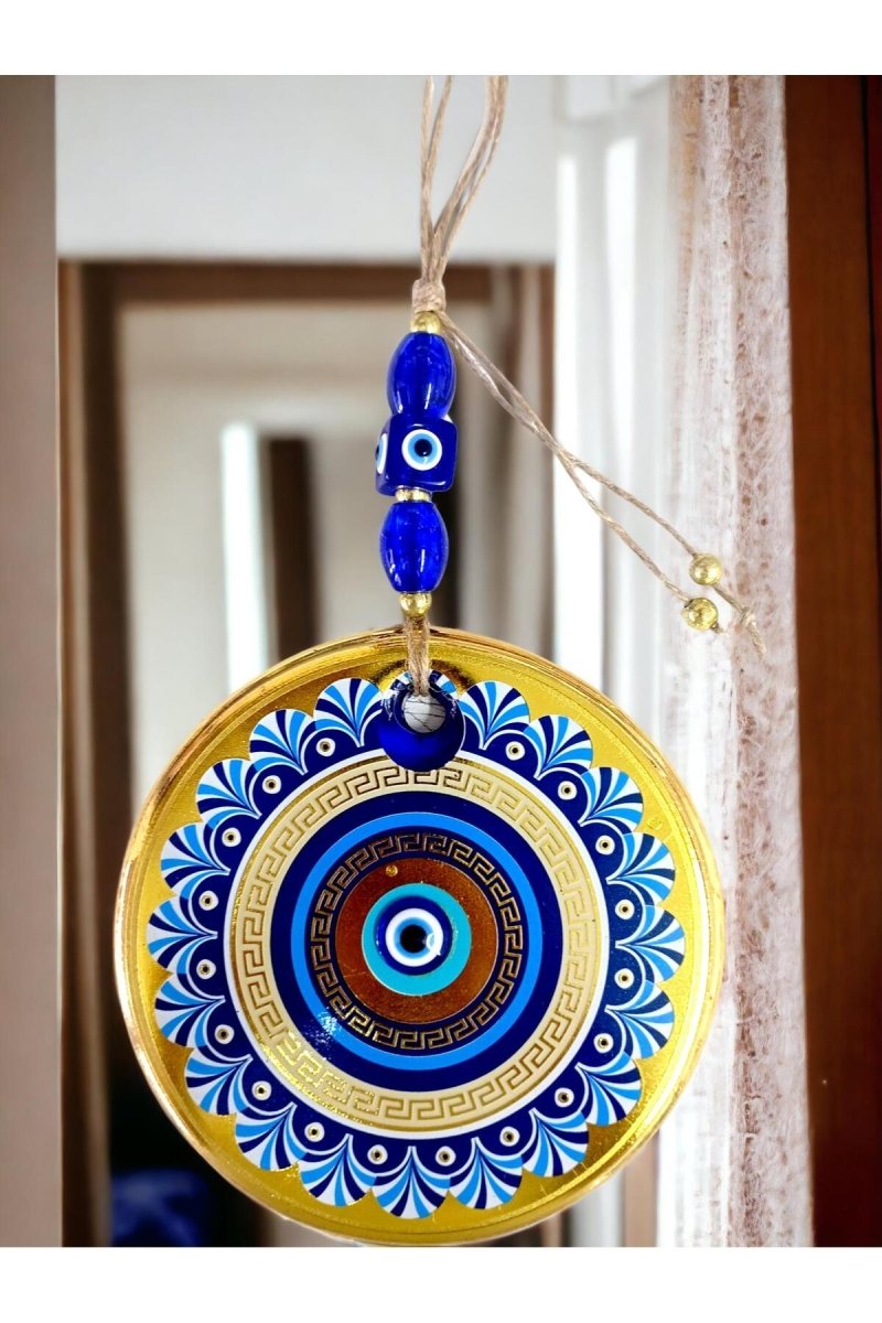 Golden Glass Blue Motif Nazar Beaded Wall Ornament - TryAladdin